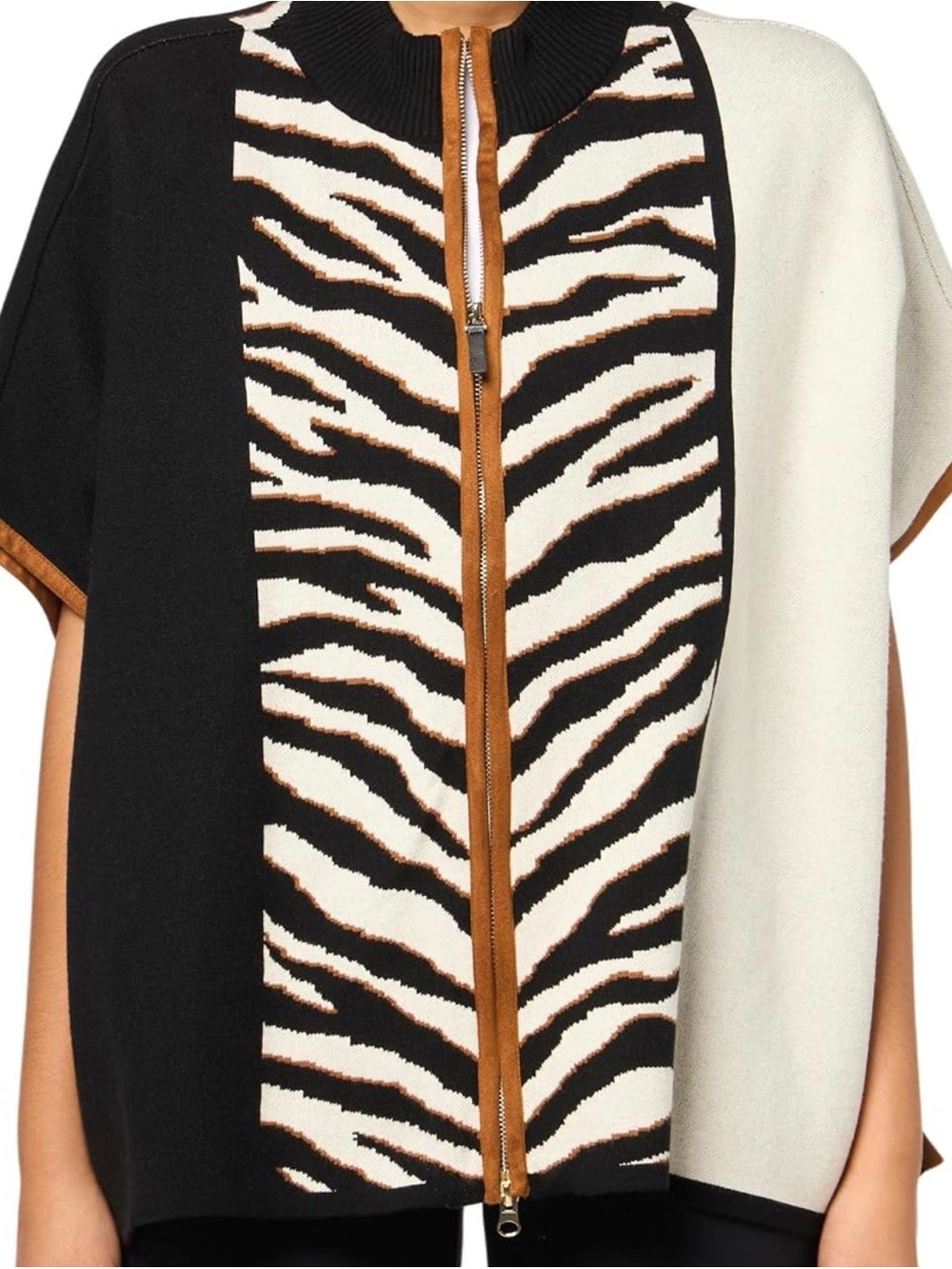 Women's Mock Neck Front Zip Thru Collar Poncho S/M